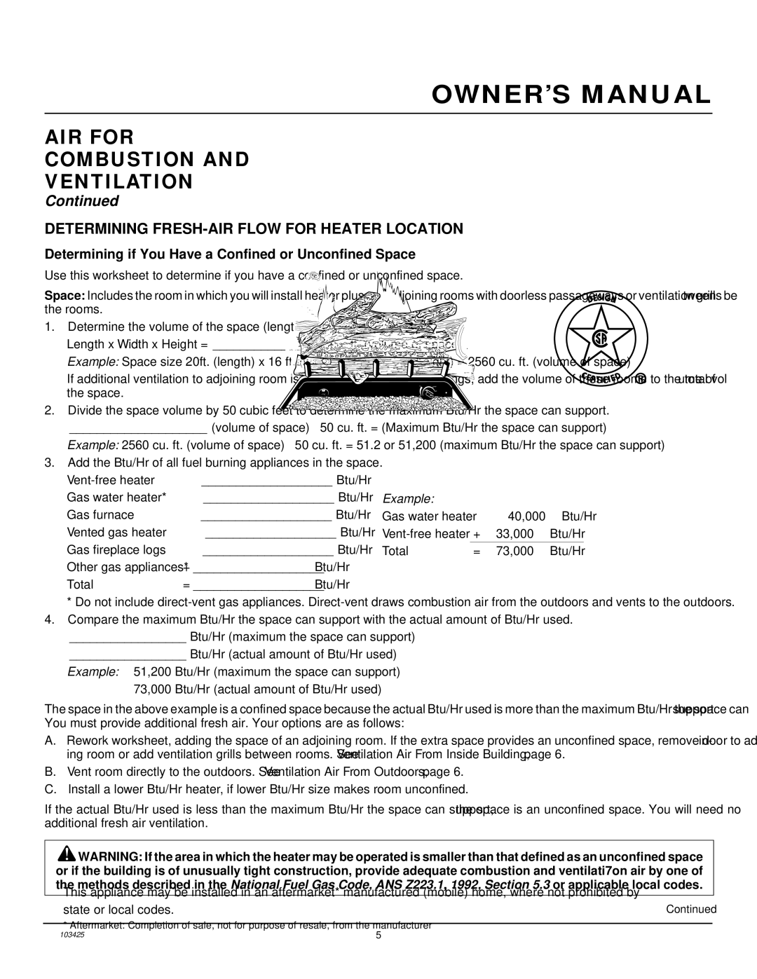 Desa Tech CGG3324PT, CGG2618P, CGG3630P AIR for Combustion Ventilation, Determining FRESH-AIR Flow for Heater Location 