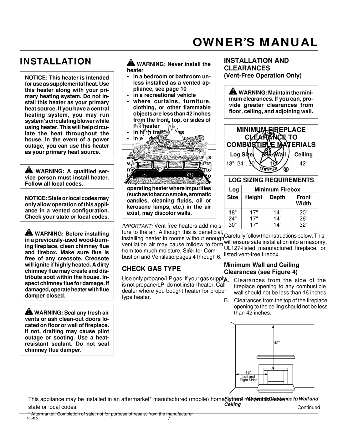 Desa Tech CGG3630P Check GAS Type, Installation Clearances, Minimum Fireplace Clearance to Combustible Materials 