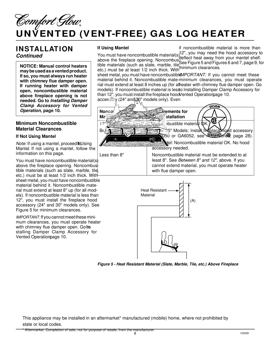 Desa Tech CGG3324PT, CGG2618P, CGG3630P installation manual Minimum Noncombustible Material Clearances, If Using Mantel 