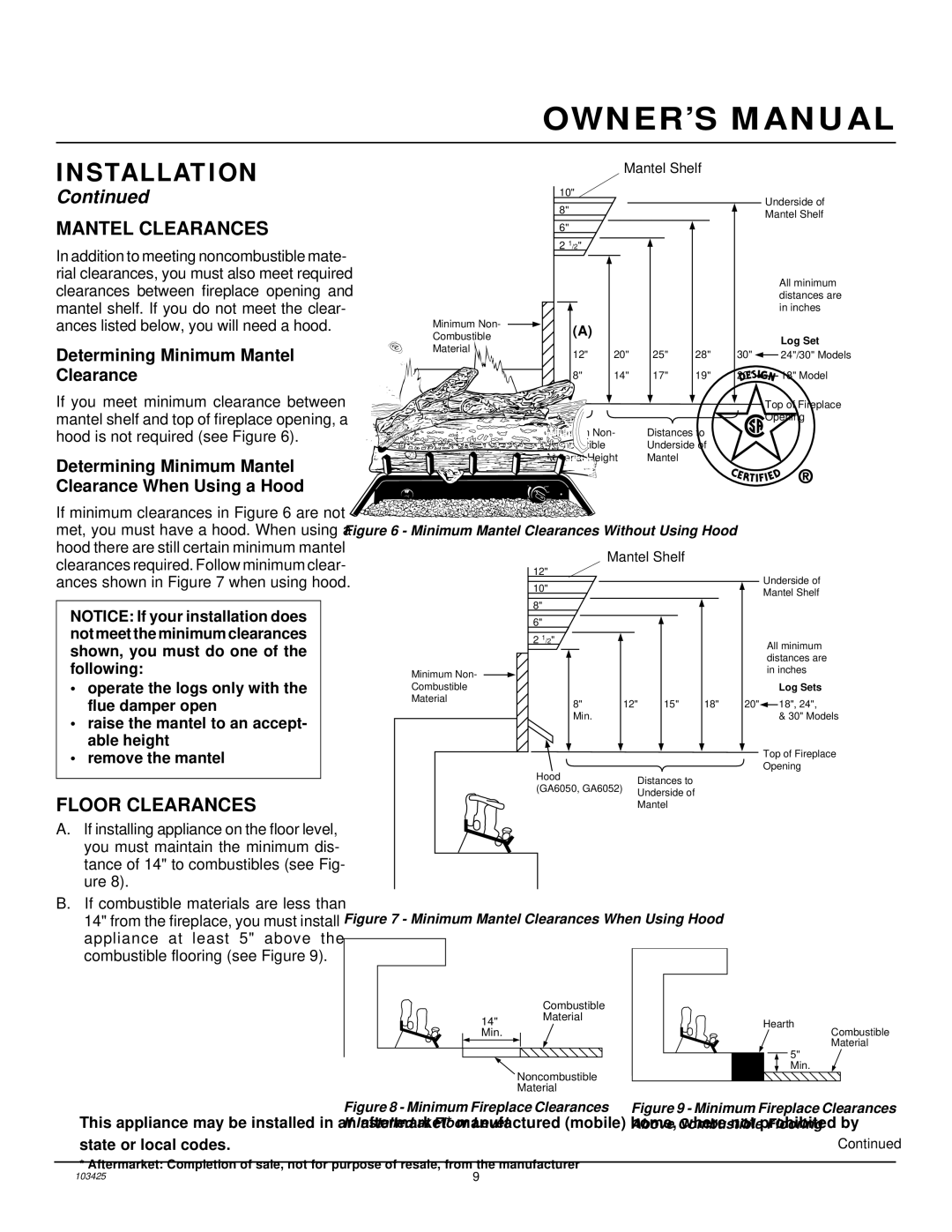 Desa Tech CGG2618P, CGG3630P, CGG3324PT Mantel Clearances, Floor Clearances, Determining Minimum Mantel Clearance 