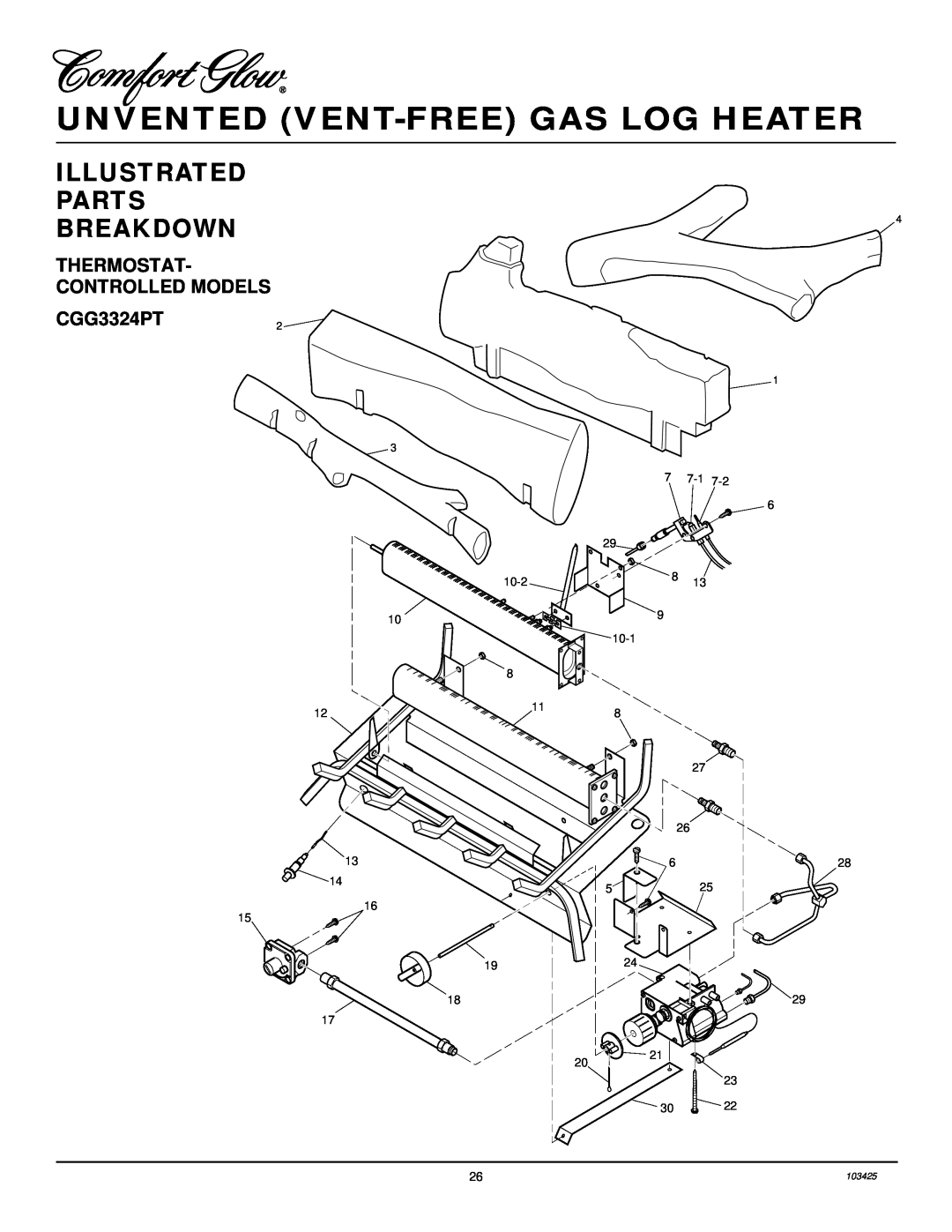 Desa Tech CGG3324PT Unvented Vent-Free Gas Log Heater, Illustrated Parts Breakdown, 10-2, 7 7-1, 10-1, 628 525, 103425 