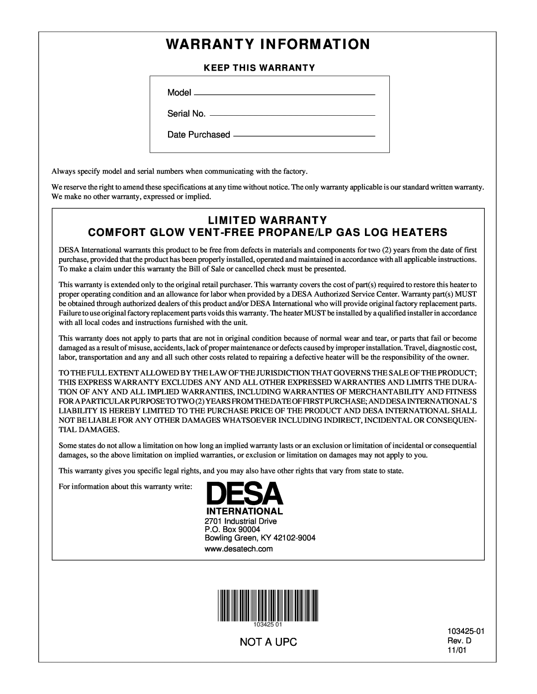 Desa Tech CGG2618P Warranty Information, Limited Warranty Comfort Glow Vent-Free Propane/Lp Gas Log Heaters, Not A Upc 