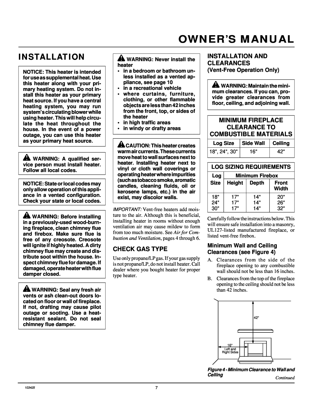 Desa Tech CGG3630P Installation, Owner’S Manual, WARNING Never install the heater, in a recreational vehicle, Log Size 