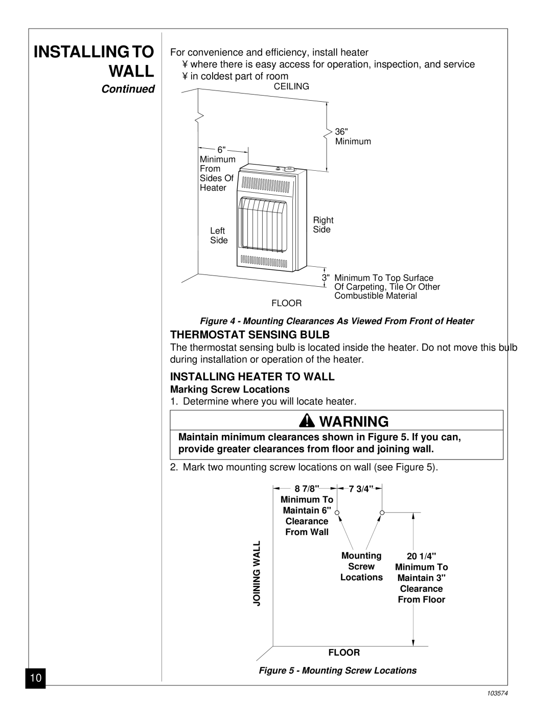 Desa Tech CGN10TL installation manual Thermostat Sensing Bulb, Installing Heater to Wall, Marking Screw Locations 