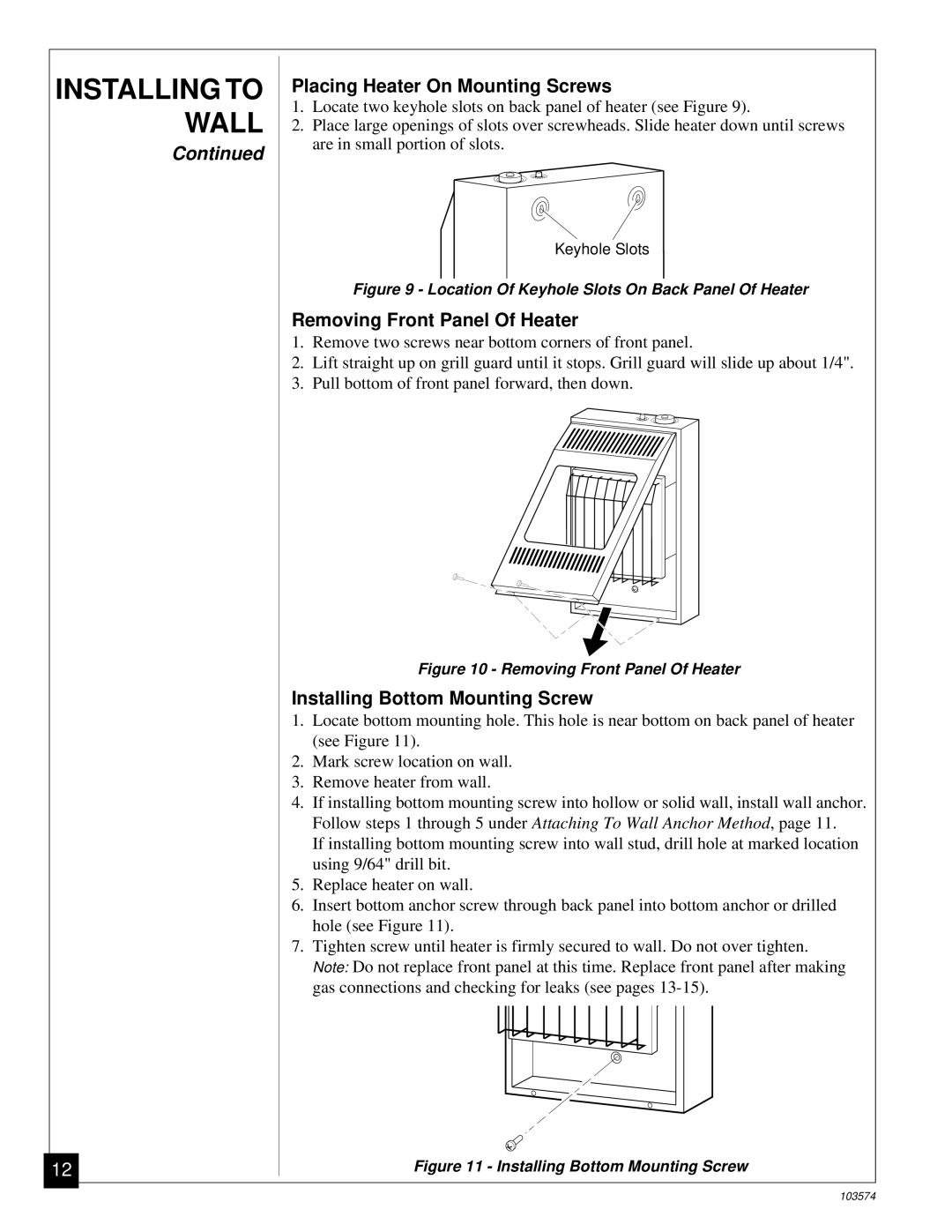 Desa Tech CGN10TL installation manual Placing Heater On Mounting Screws 