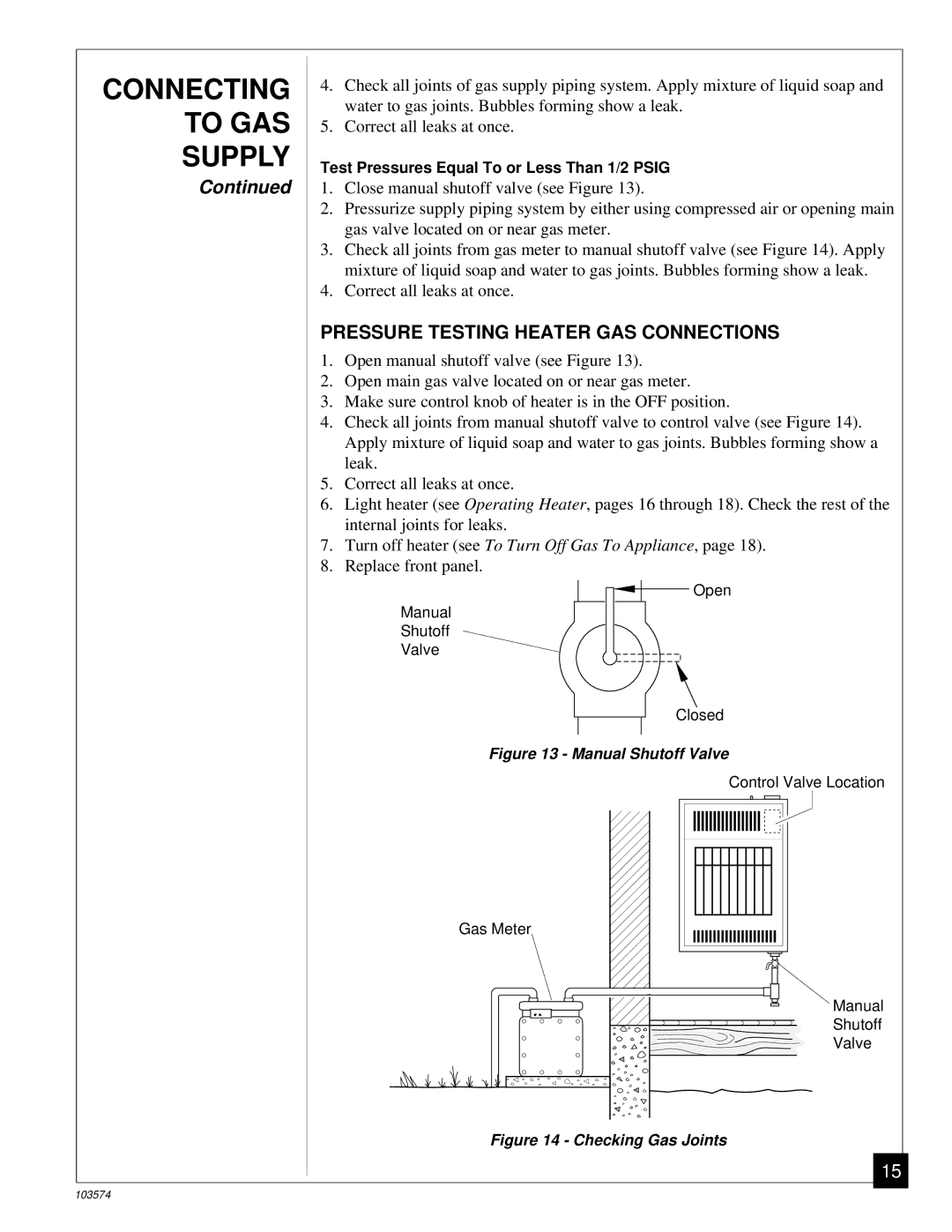 Desa Tech CGN10TL installation manual Pressure Testing Heater GAS Connections, Manual Shutoff Valve 