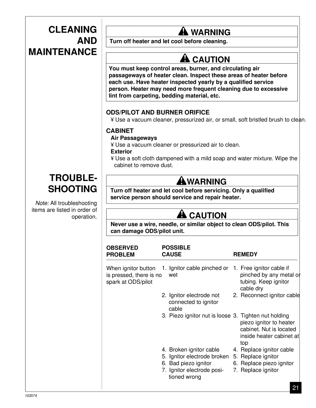 Desa Tech CGN10TL installation manual Cleaning and Maintenance Trouble Shooting, ODS/PILOT and Burner Orifice, Cabinet 