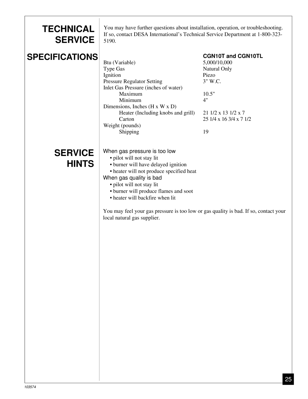 Desa Tech CGN10TL installation manual Technical Service, Service Hints 