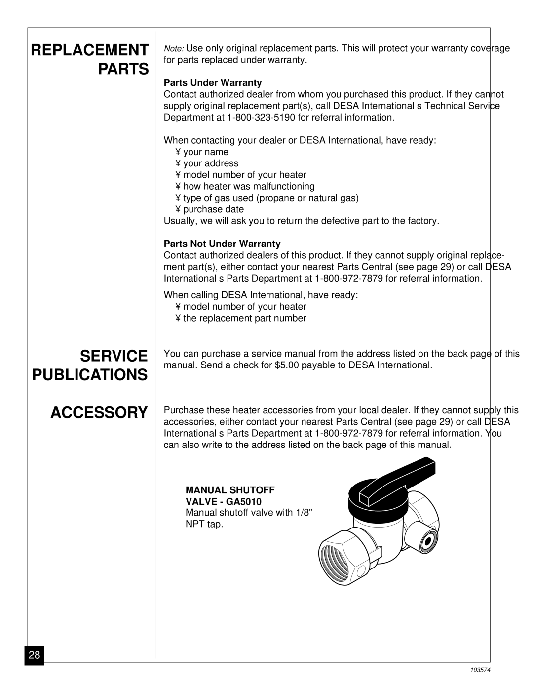 Desa Tech CGN10TL Service Publications Accessory, Parts Under Warranty, Parts Not Under Warranty, Valve GA5010 