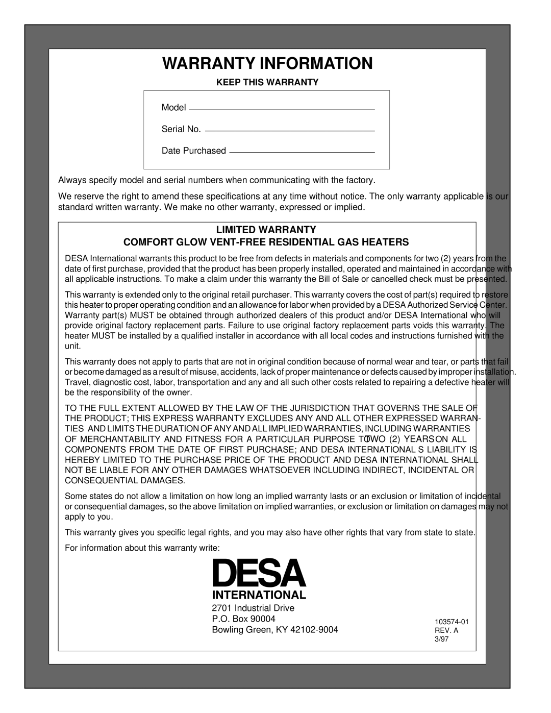 Desa Tech CGN10TL installation manual Warranty Information, Keep this Warranty 