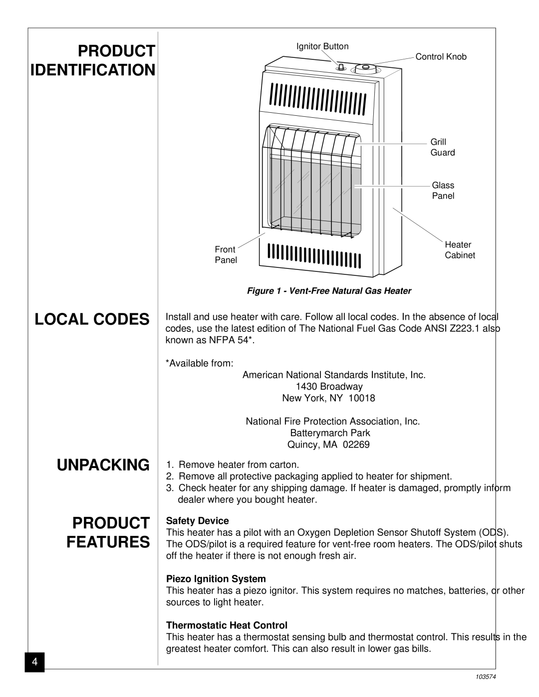 Desa Tech CGN10T Product Identification, Local Codes Unpacking Product Features, Safety Device, Piezo Ignition System 