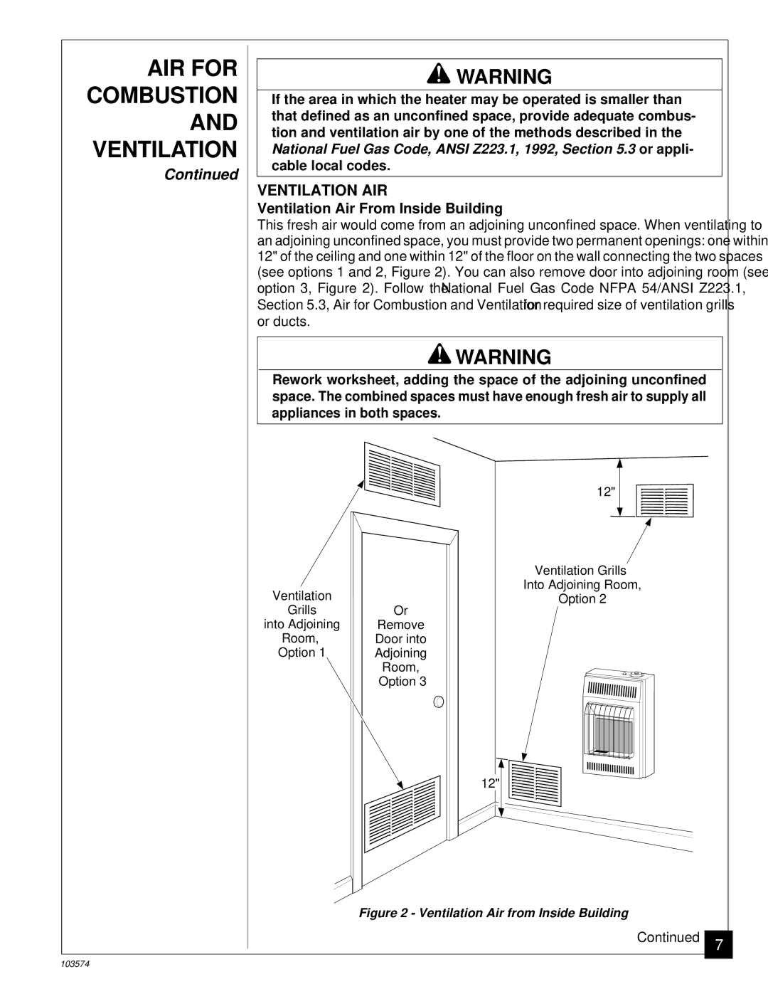 Desa Tech CGN10TL installation manual Ventilation AIR, Ventilation Air From Inside Building 