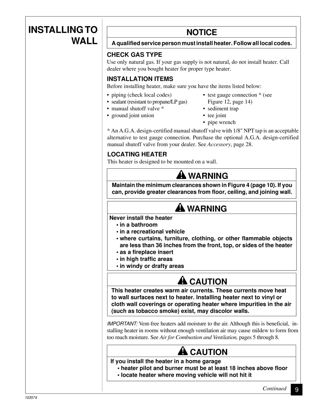 Desa Tech CGN10TL installation manual Check GAS Type, Installation Items, Locating Heater 