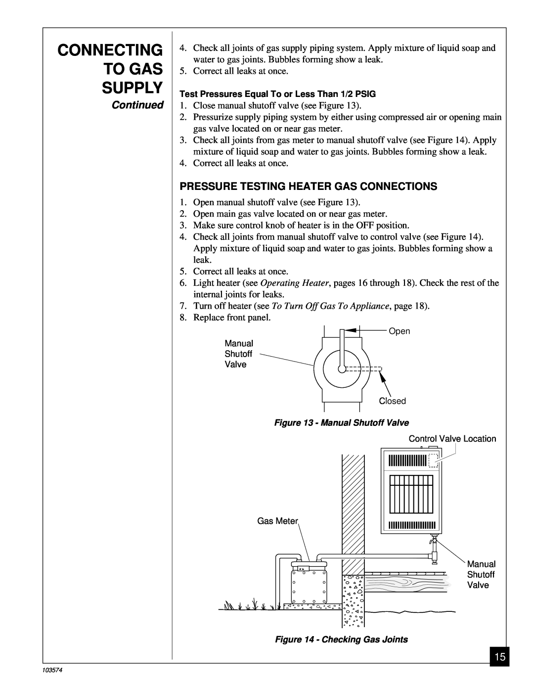 Desa Tech CGN10TL installation manual Connecting To Gas Supply, Continued, Pressure Testing Heater Gas Connections 