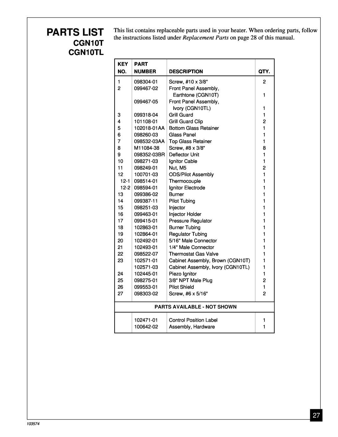 Desa Tech installation manual Parts List, CGN10T CGN10TL 