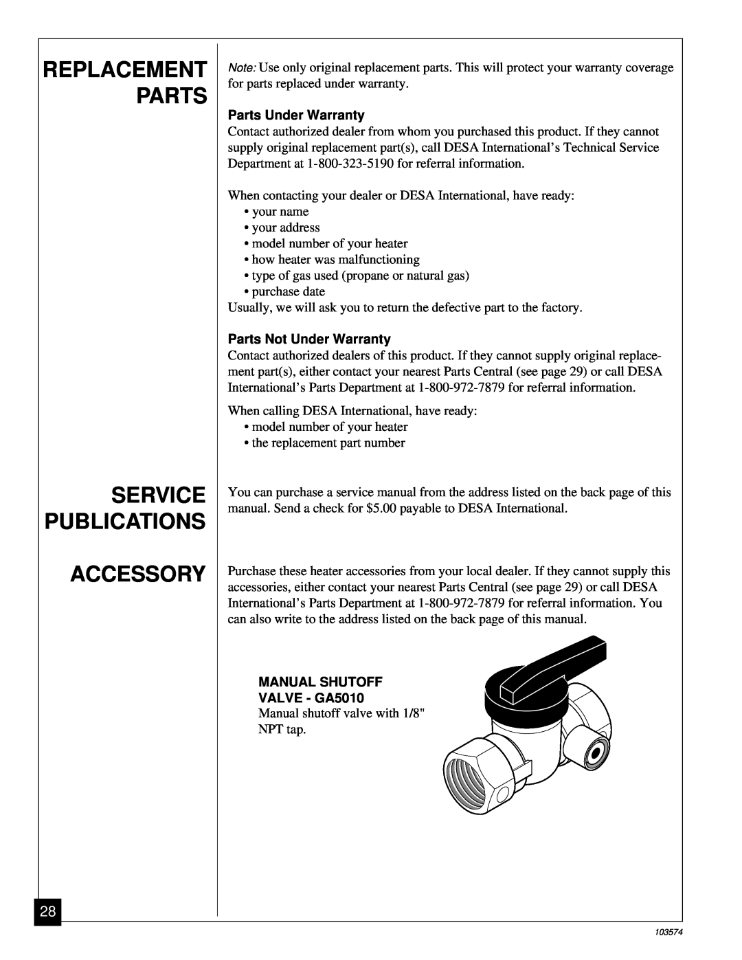 Desa Tech CGN10TL installation manual Service Publications Accessory, Replacement Parts 