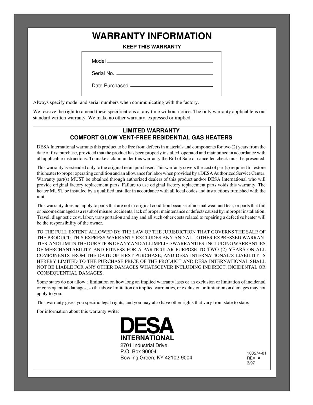 Desa Tech CGN10TL Warranty Information, Limited Warranty, Comfort Glow Vent-Freeresidential Gas Heaters 