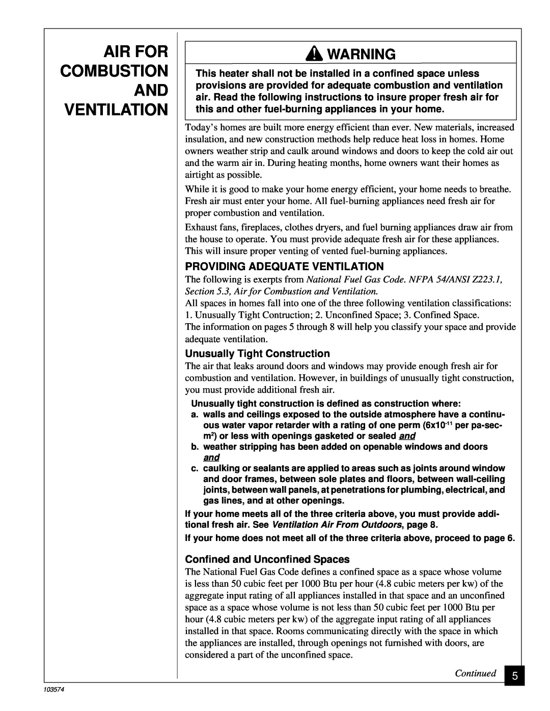 Desa Tech CGN10TL installation manual Air For Combustion And Ventilation, Providing Adequate Ventilation, Continued 