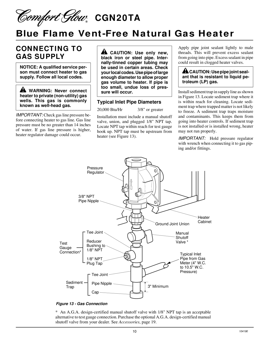 Desa Tech CGN20TA installation manual Connecting to GAS Supply, Typical Inlet Pipe Diameters 