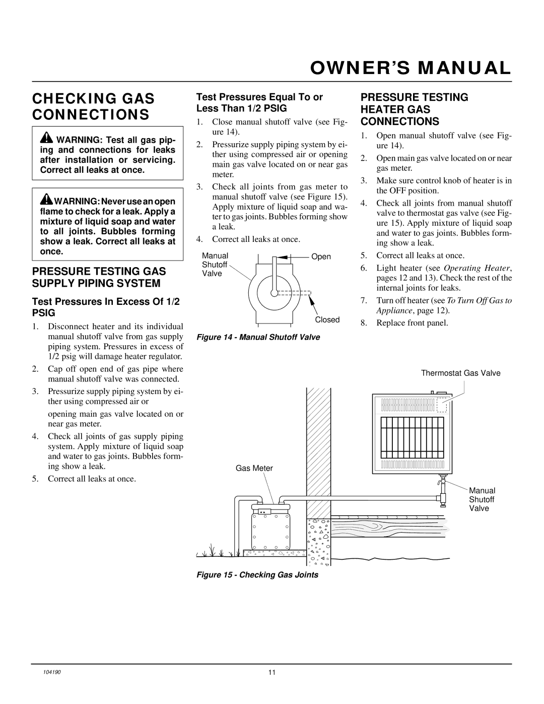 Desa Tech CGN20TA Checking GAS Connections, Pressure Testing GAS Supply Piping System, Test Pressures In Excess Of 1/2 