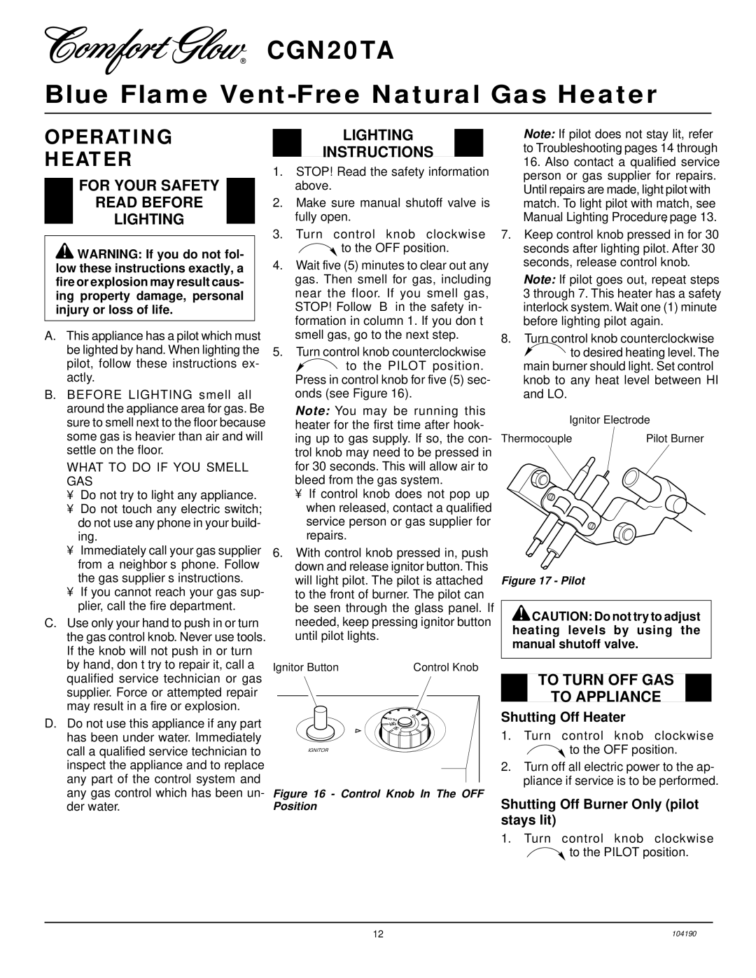 Desa Tech CGN20TA installation manual Operating Heater, For Your Safety Read Before Lighting, Lighting Instructions 