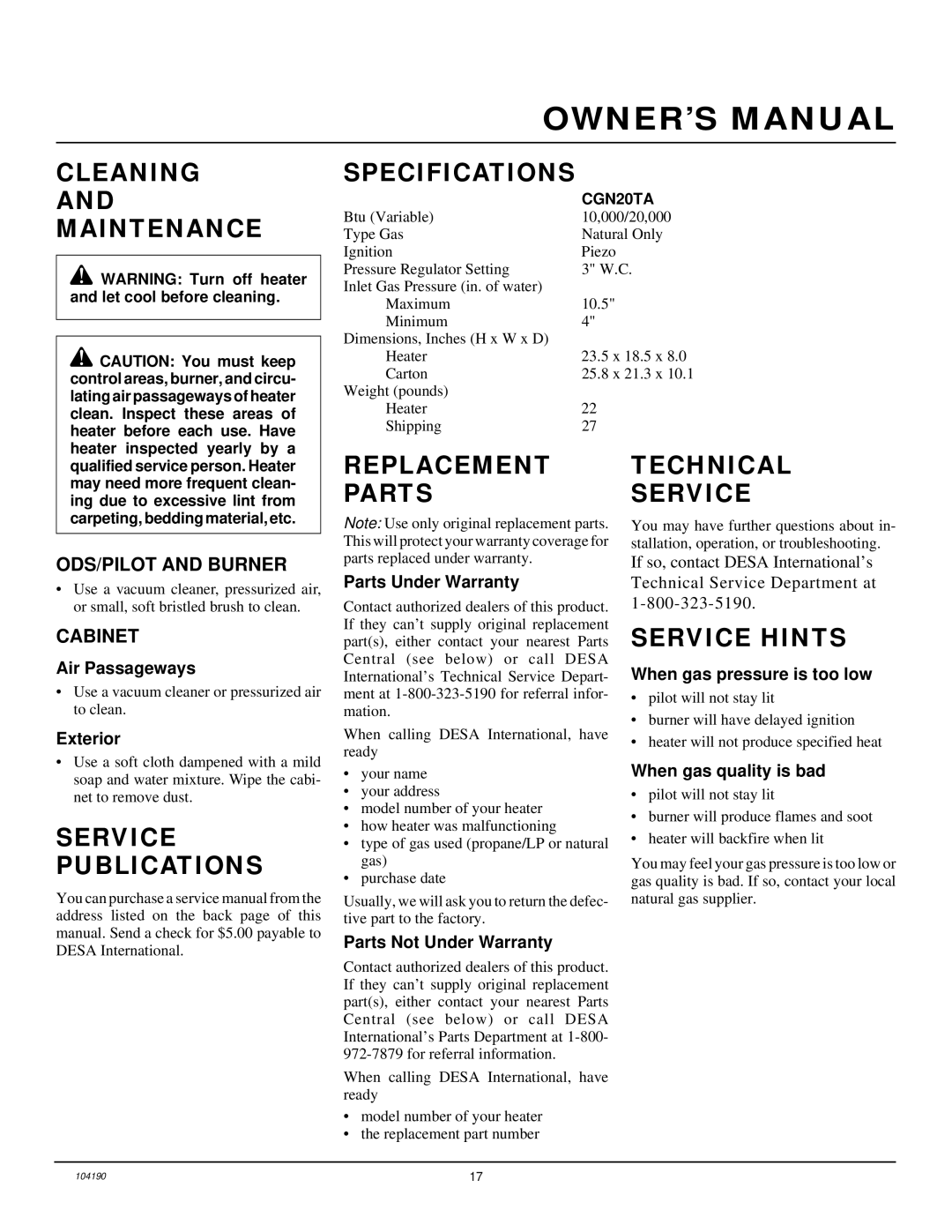 Desa Tech CGN20TA Cleaning and Maintenance Specifications, Service Publications Replacement Parts, Technical Service 