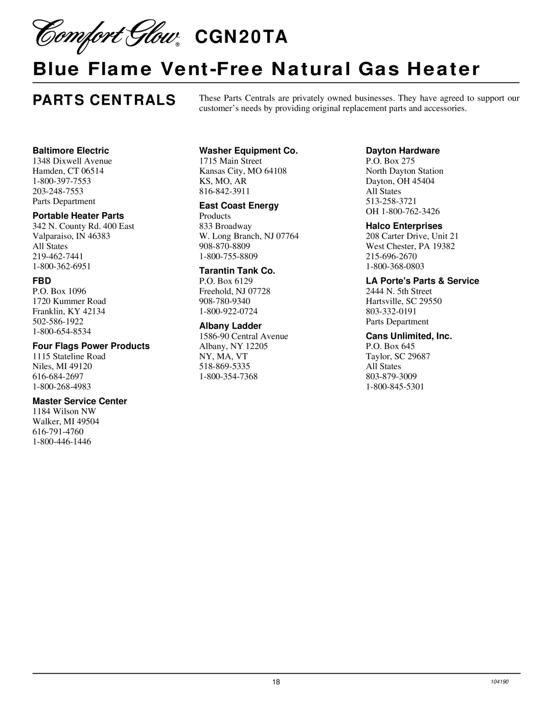 Desa Tech CGN20TA installation manual Parts Centrals, Fbd 