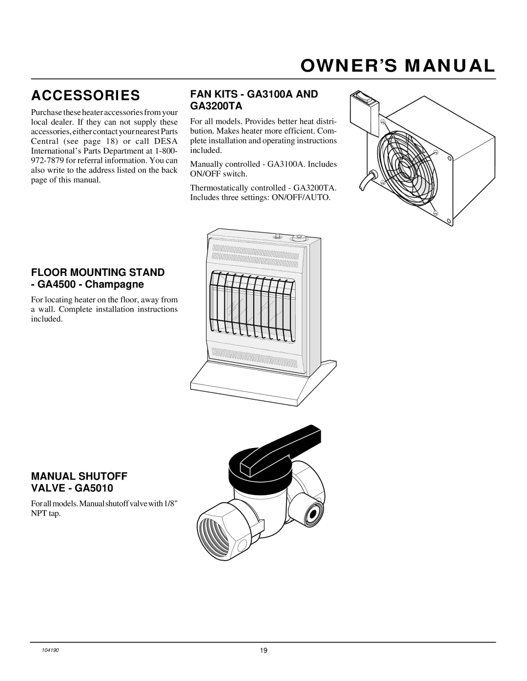 Desa Tech CGN20TA installation manual Accessories, FAN Kits GA3100A and GA3200TA, Manual Shutoff 