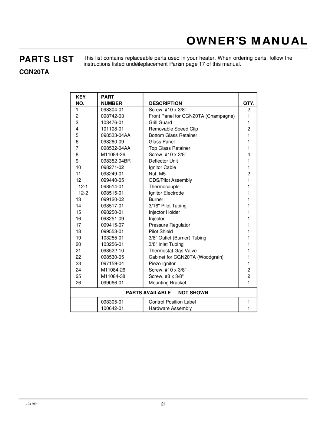 Desa Tech CGN20TA installation manual Parts List, KEY Part Number Description QTY 