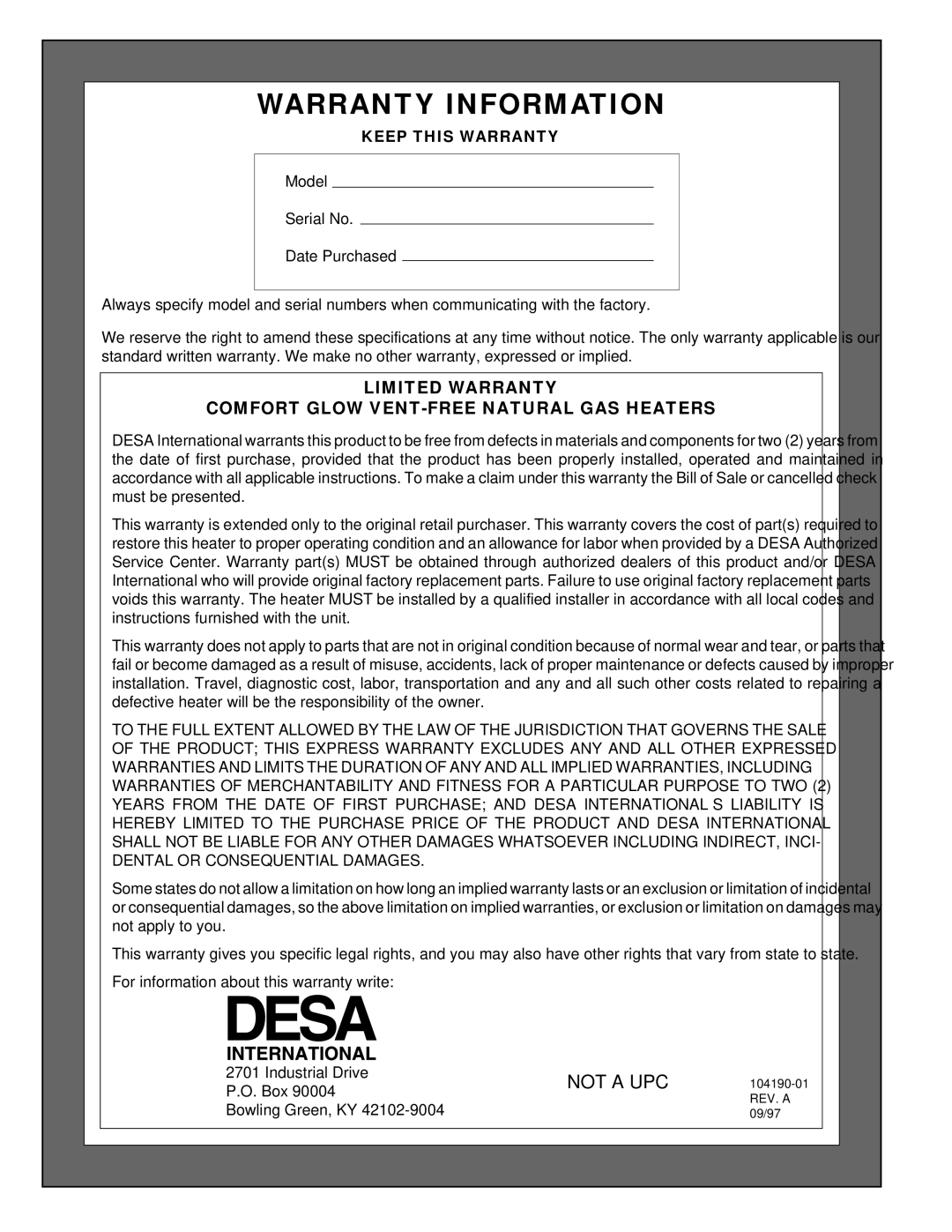 Desa Tech CGN20TA installation manual Warranty Information 