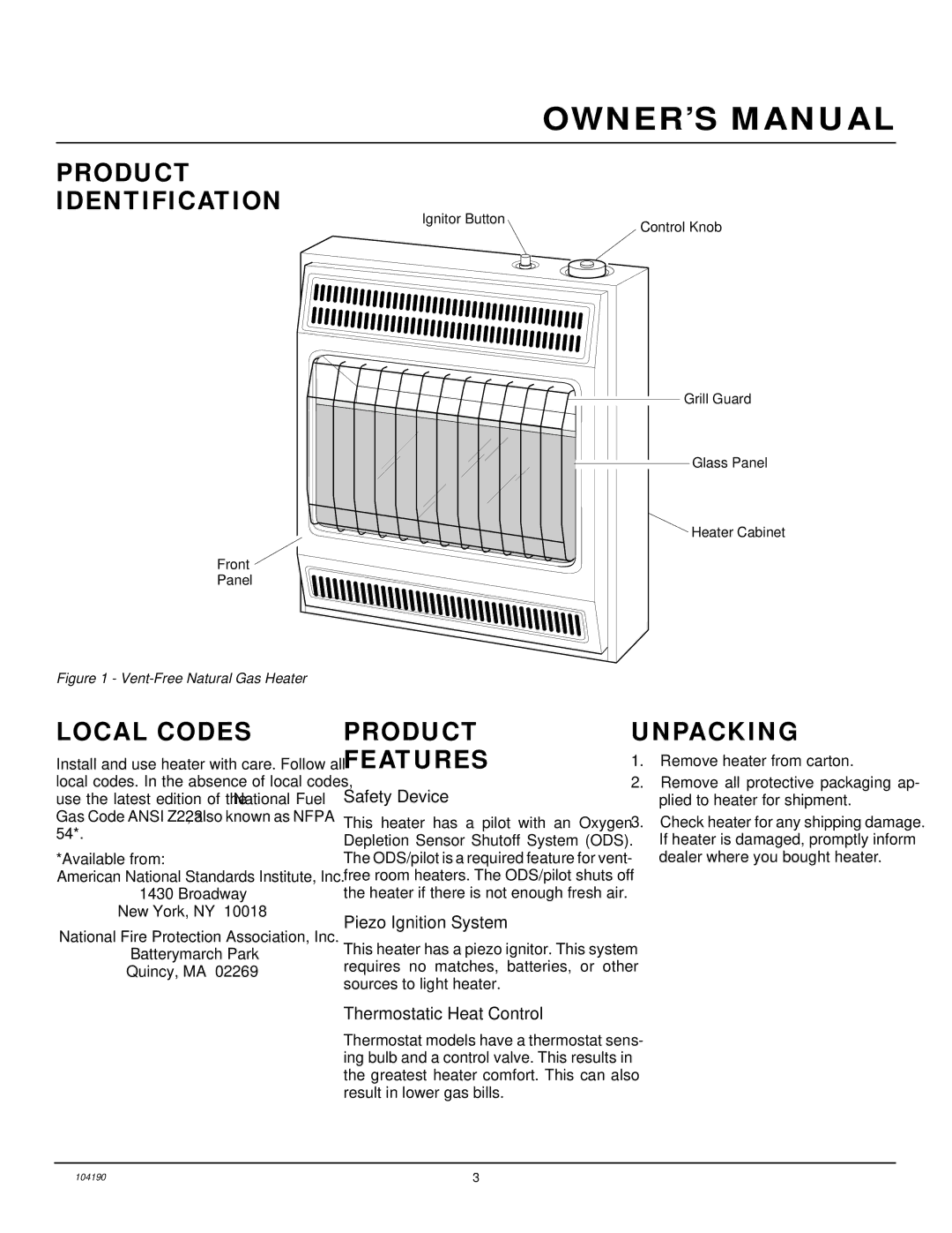 Desa Tech CGN20TA installation manual Product Identification, Local Codes, Product Features, Unpacking 