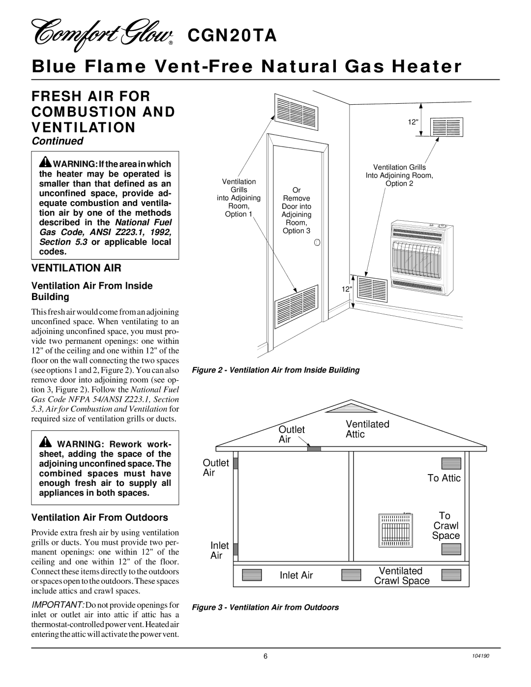 Desa Tech CGN20TA installation manual Ventilation AIR, Ventilation Air From Inside Building, Ventilation Air From Outdoors 