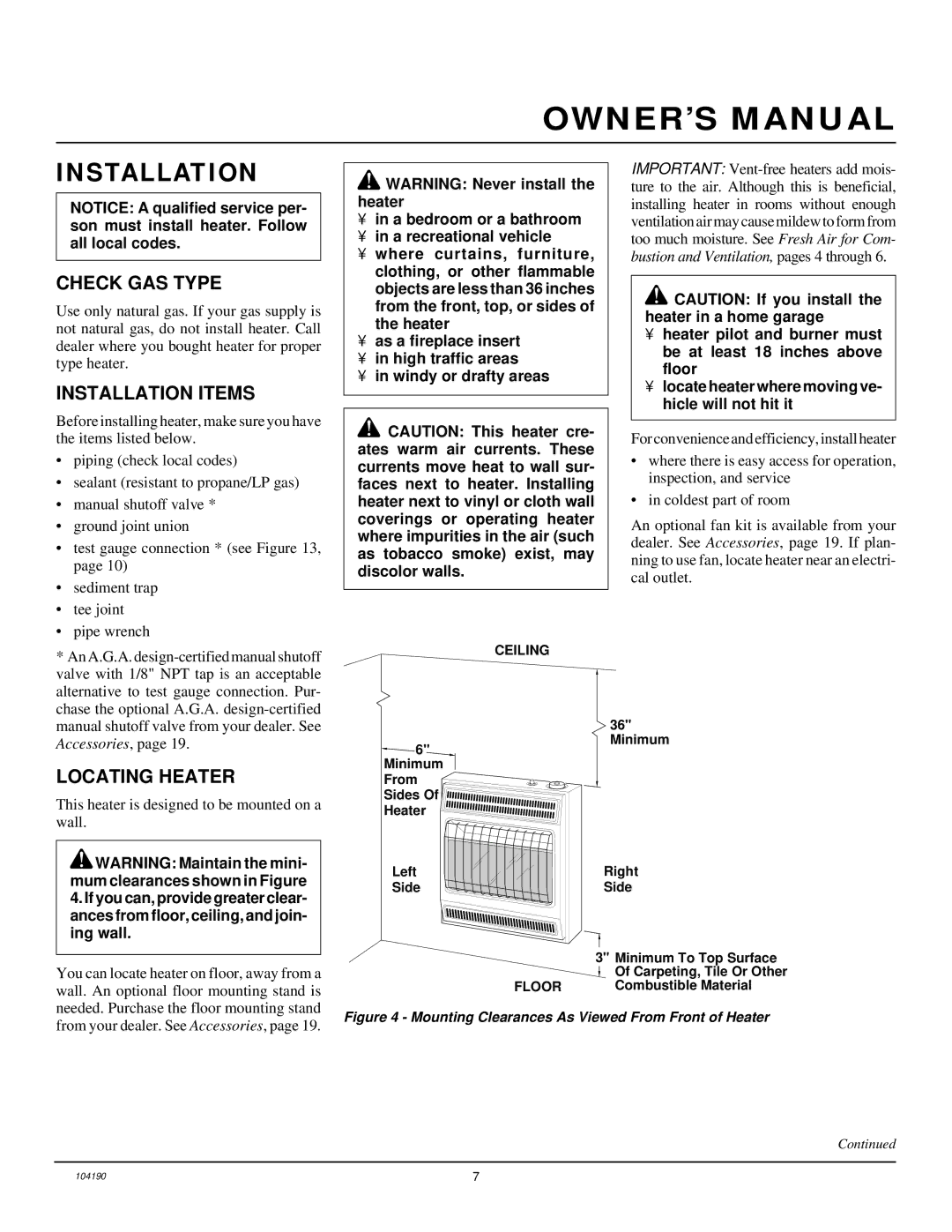 Desa Tech CGN20TA installation manual Check GAS Type, Installation Items, Locating Heater 