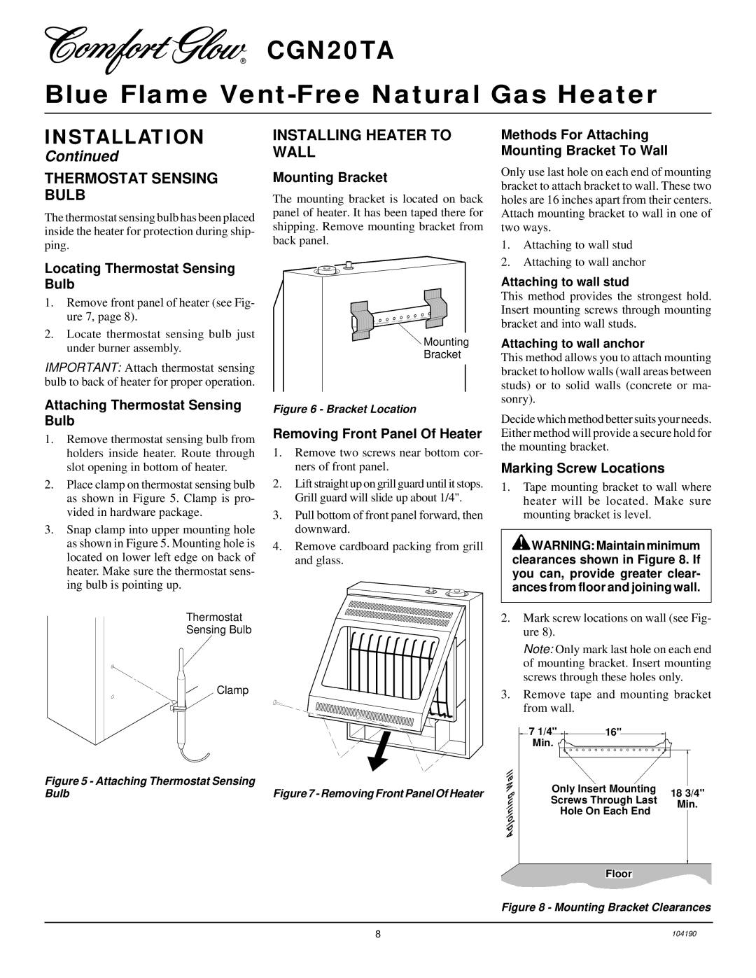 Desa Tech CGN20TA installation manual Thermostat Sensing Bulb, Installing Heater to Wall 