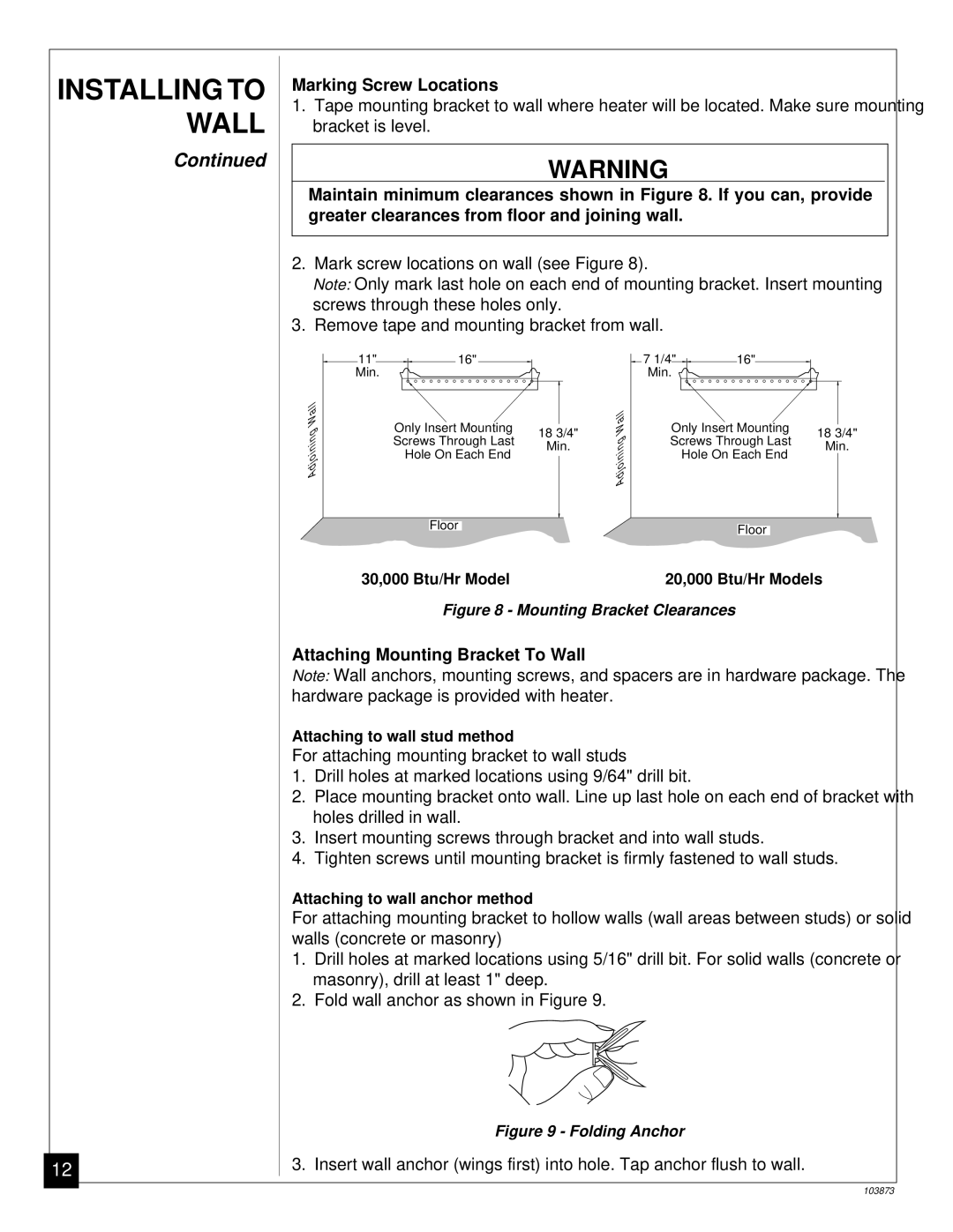 Desa Tech CGN20TL, CGN30TL Marking Screw Locations, Maintain minimum clearances shown in . If you can, provide 