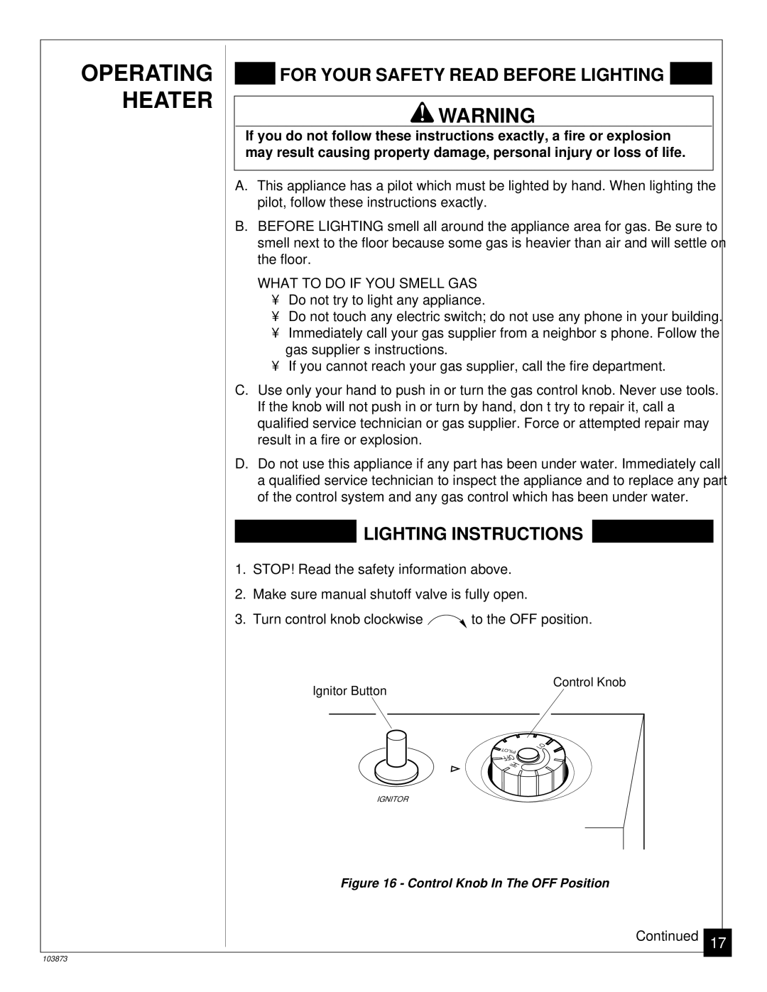 Desa Tech CGN20TL, CGN30TL installation manual Operating Heater, For Your Safety Read Before Lighting 