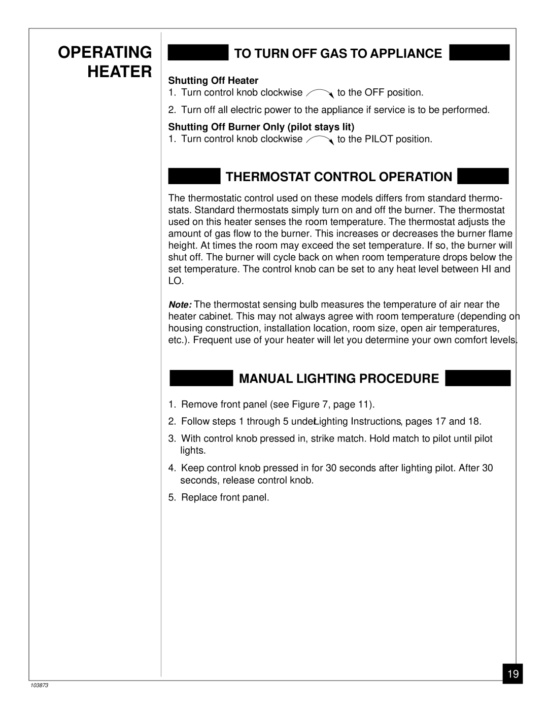 Desa Tech CGN20TL, CGN30TL installation manual Shutting Off Heater, Shutting Off Burner Only pilot stays lit 