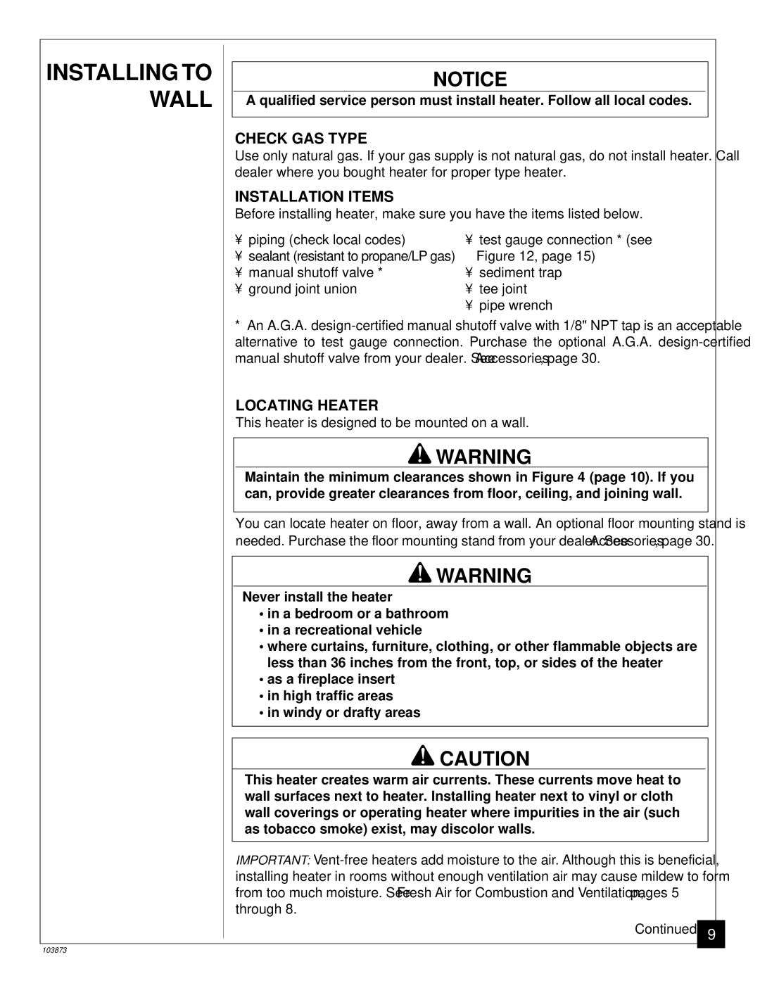 Desa Tech CGN20TL, CGN30TL installation manual Installing to Wall, Check GAS Type, Installation Items, Locating Heater 