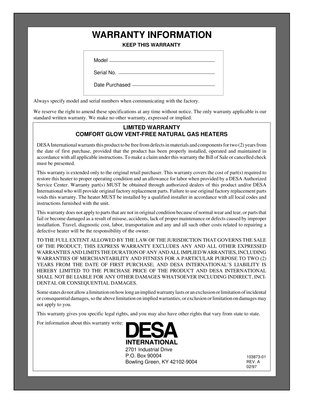 Desa Tech CGN20TL, CGN30TL Warranty Information, Limited Warranty Comfort Glow Vent-Free Natural Gas Heaters 
