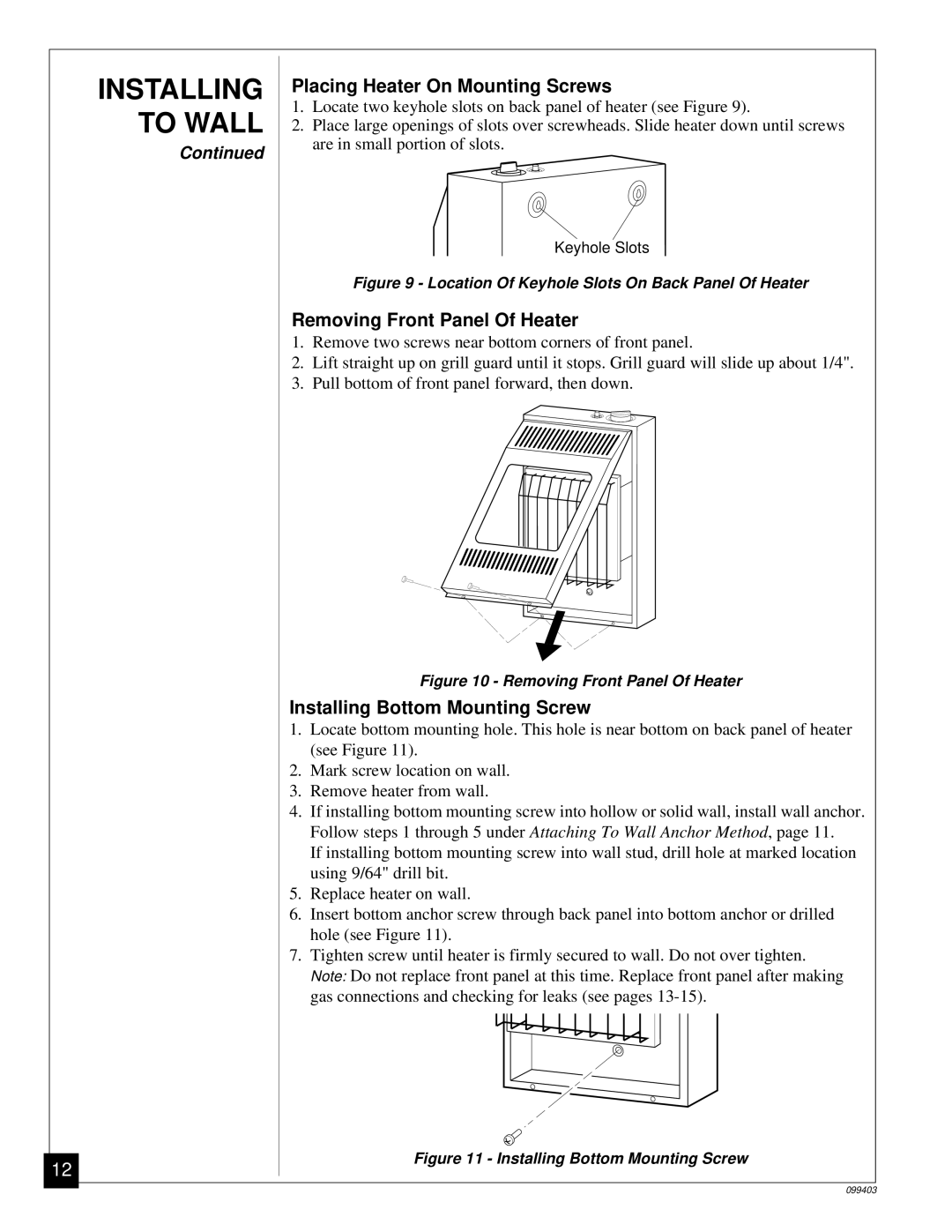 Desa Tech CGP10 installation manual Placing Heater On Mounting Screws 