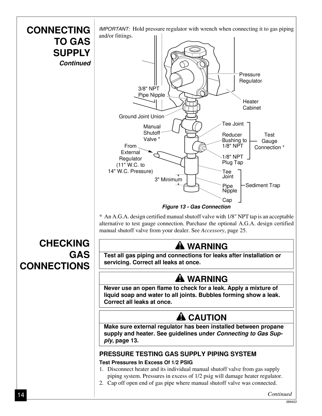 Desa Tech CGP10 installation manual Checking GAS, Connections, Pressure Testing GAS Supply Piping System 