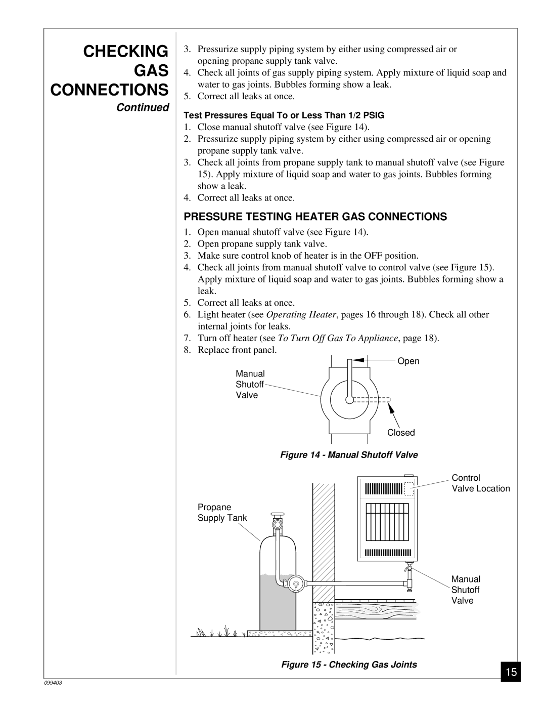 Desa Tech CGP10 installation manual Checking GAS Connections, Pressure Testing Heater GAS Connections 