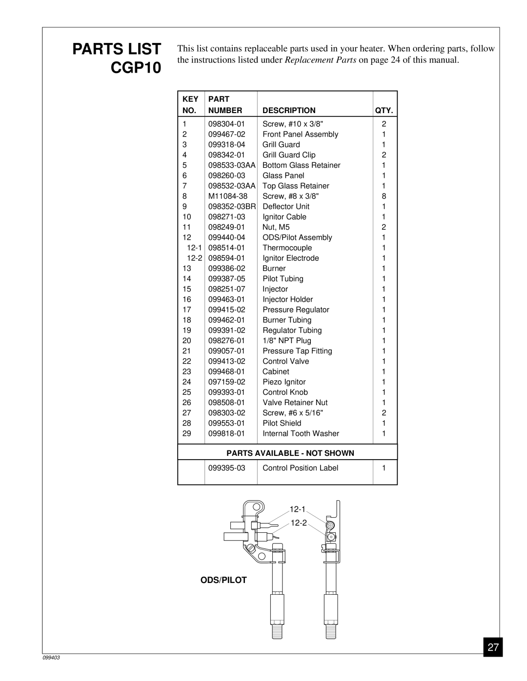 Desa Tech installation manual Parts List CGP10 