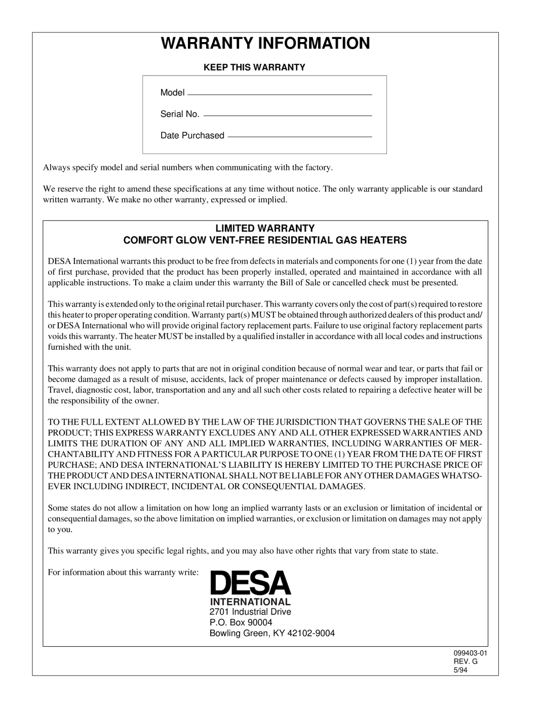 Desa Tech CGP10 installation manual Warranty Information, Keep this Warranty 