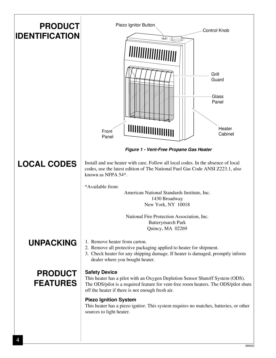 Desa Tech CGP10 Product Identification, Local Codes Unpacking Product Features, Safety Device, Piezo Ignition System 