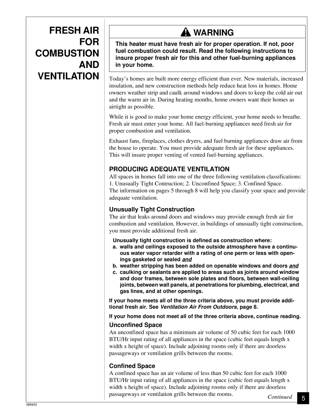 Desa Tech CGP10 installation manual Fresh AIR For, Combustion, Producing Adequate Ventilation 