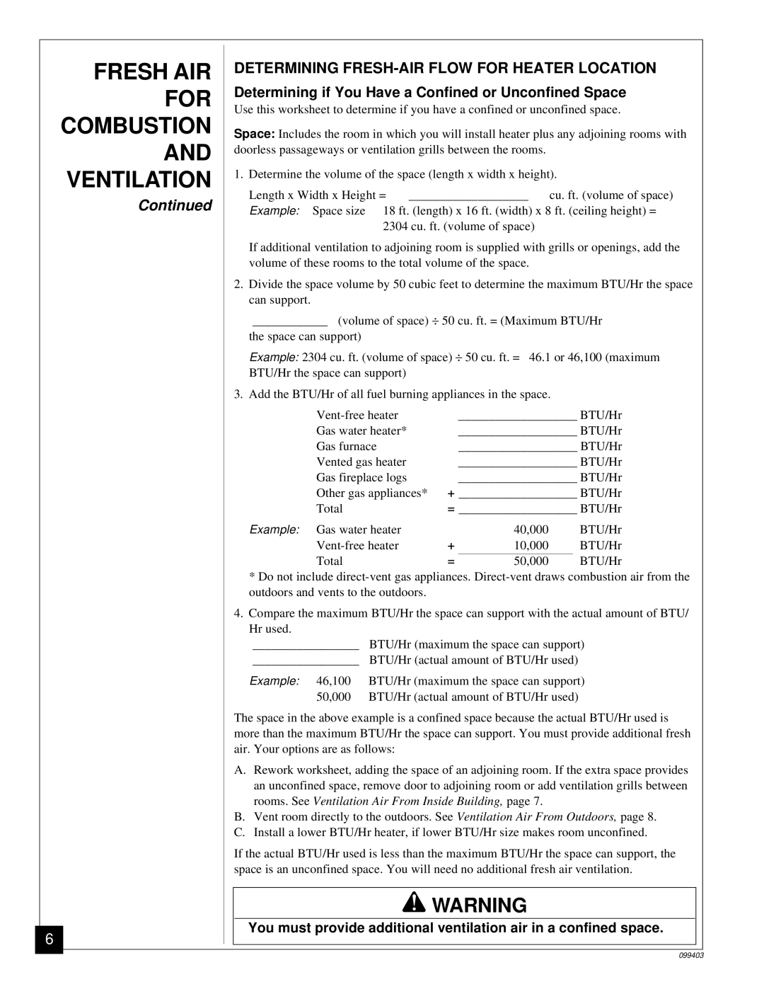 Desa Tech CGP10 installation manual Fresh AIR, Determining FRESH-AIR Flow for Heater Location 