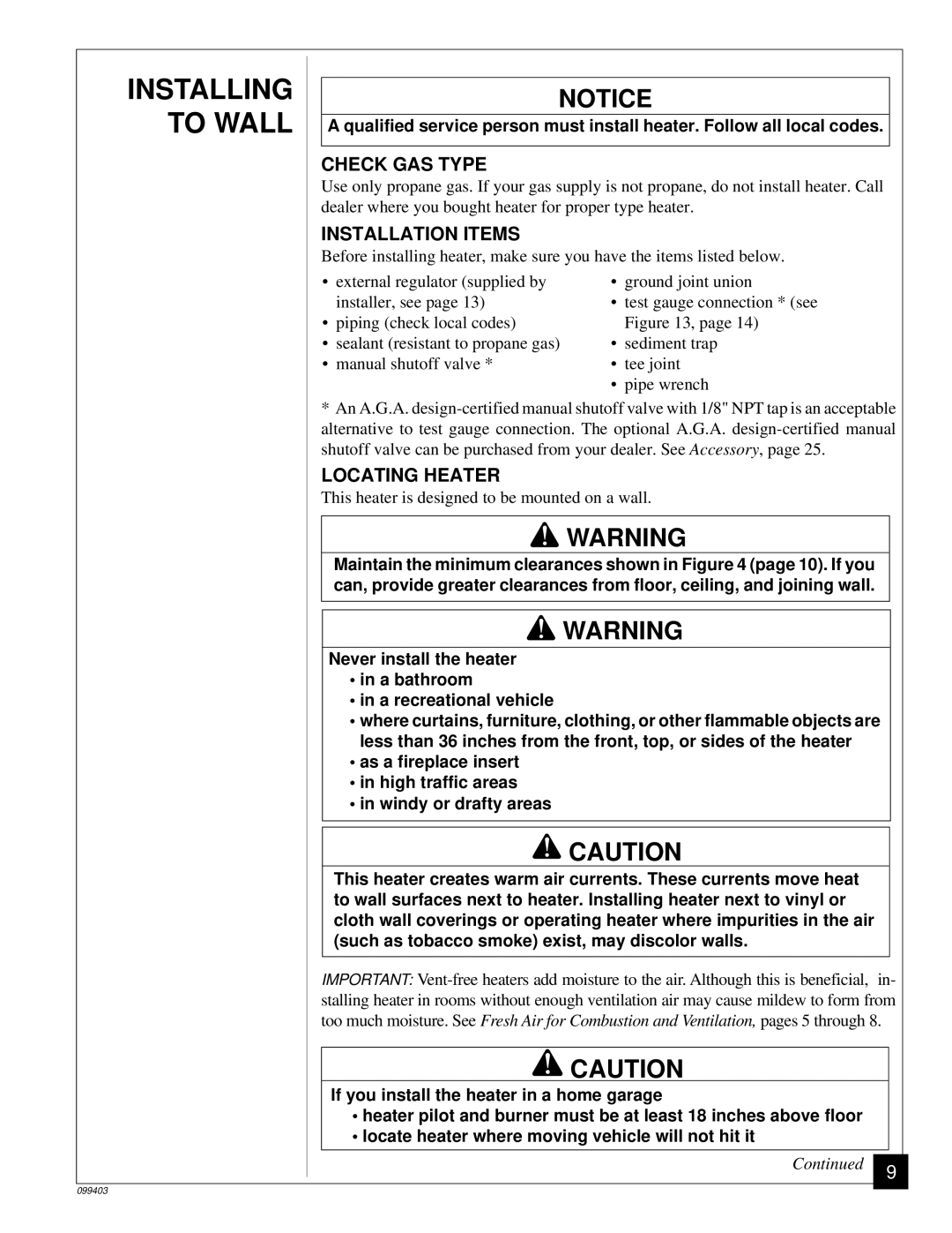 Desa Tech CGP10 installation manual Installing To Wall, Check GAS Type, Installation Items, Locating Heater 