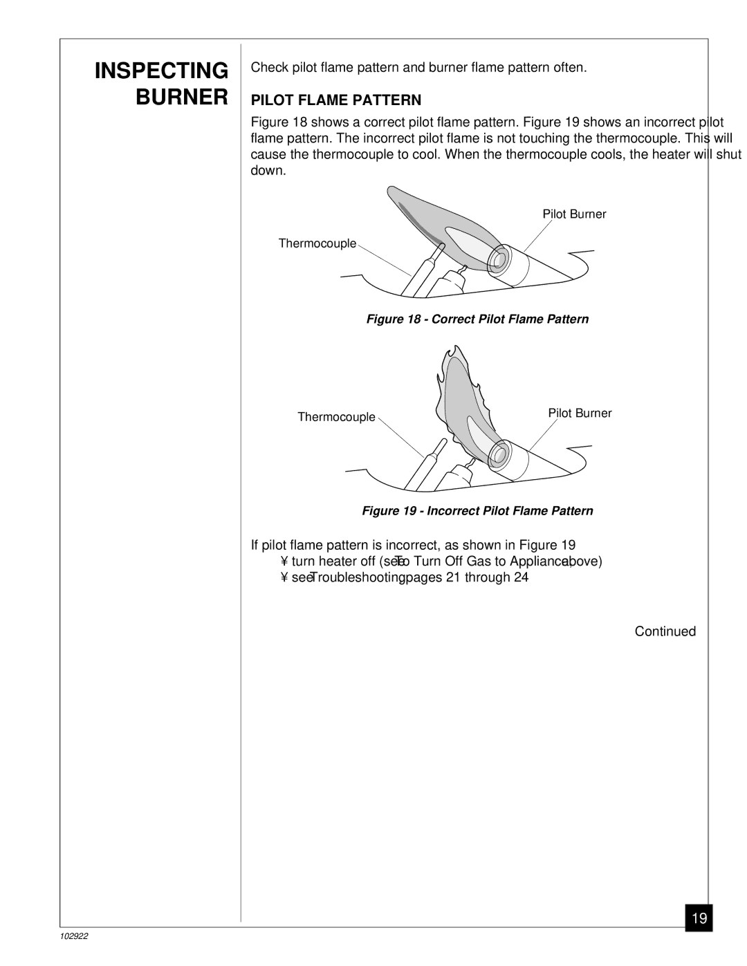 Desa Tech CGP10T installation manual Inspecting Burner, Pilot Flame Pattern 