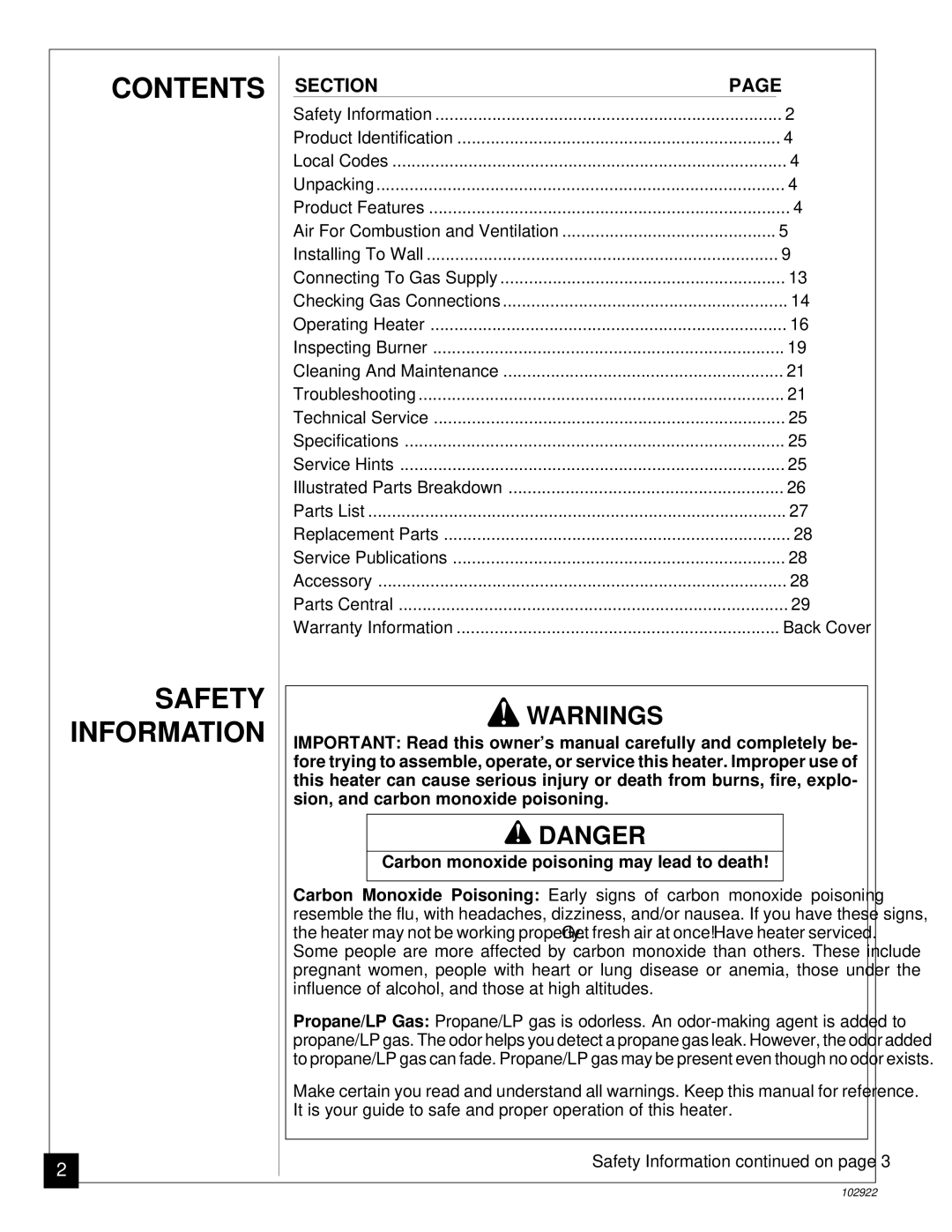 Desa Tech CGP10T installation manual Contents, Safety Information 